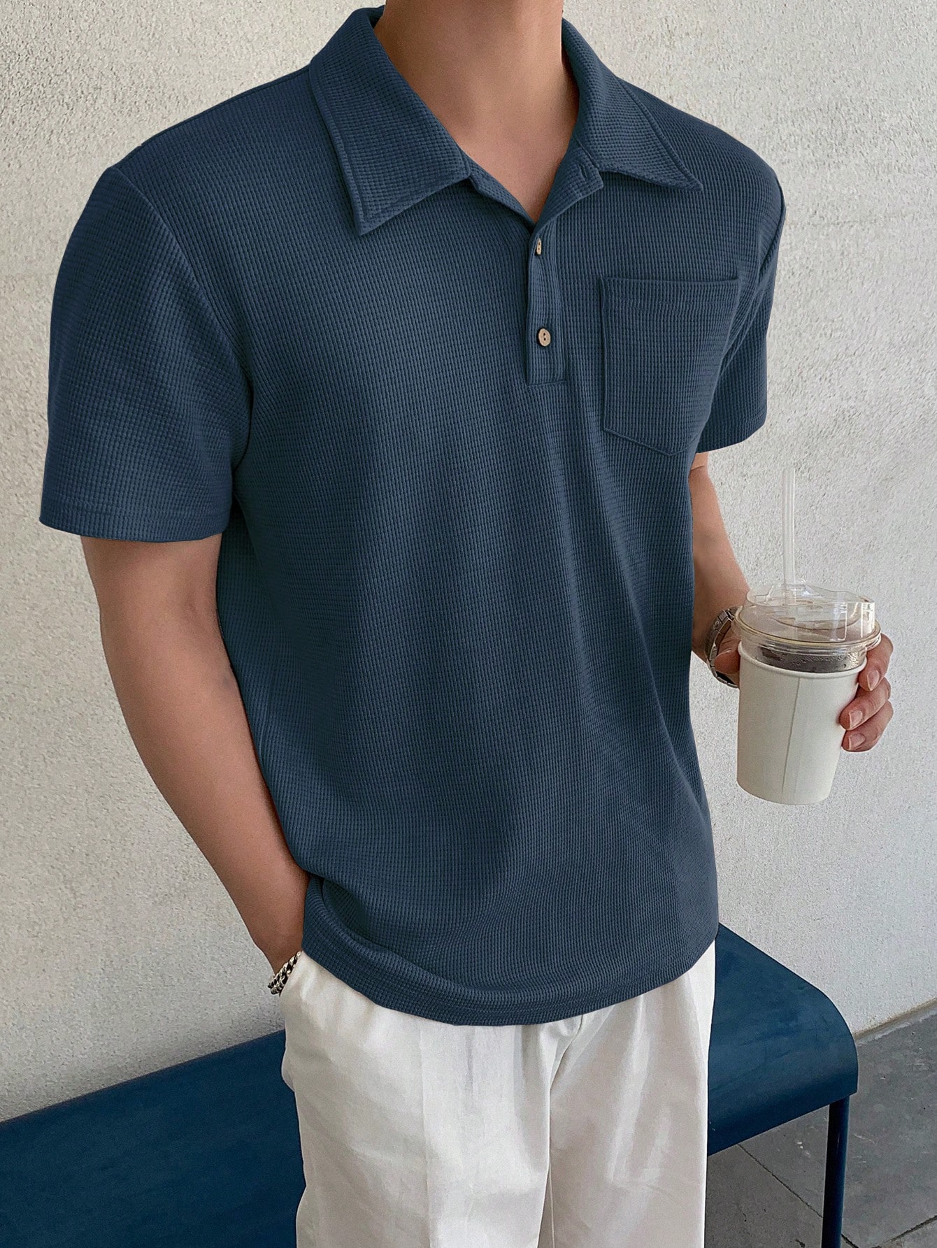 DAZY Мужская однотонная рубашка поло с коротким рукавом на лето, пыльный синий