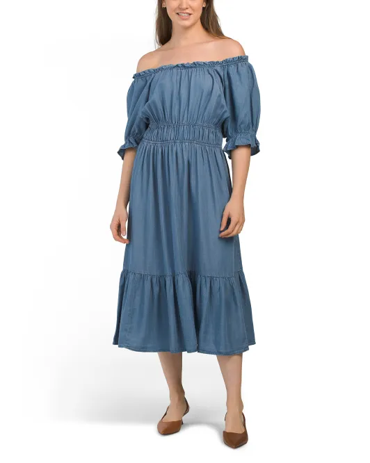 

Платье миди из шамбре с открытыми плечами Nanette Nanette Lepore, цвет Medium Wash