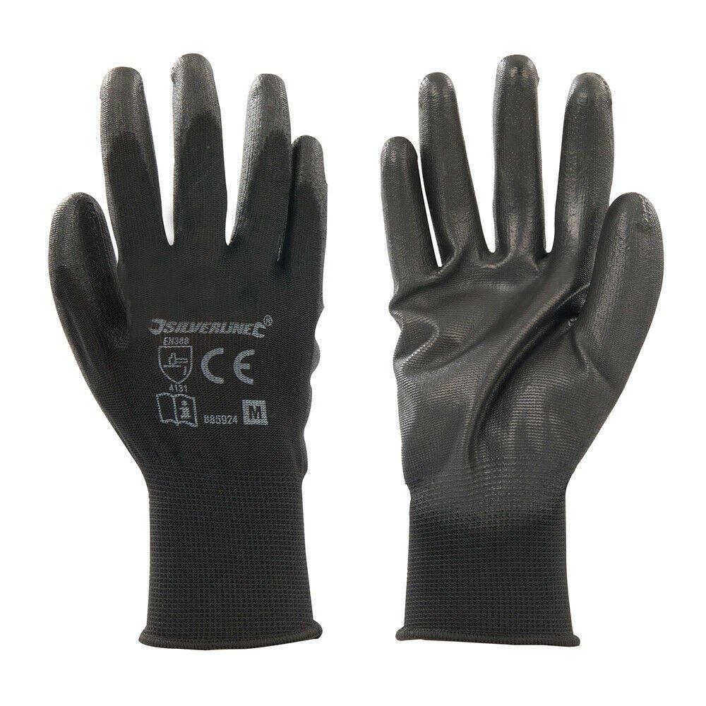 СРЕДНИЕ черные перчатки, трикотажные калибра 13 с полиэстеровым покрытием, ладони и пальцы с открытой спиной Loops, черный перчатки полиэстеровые 13 нитей с полиуретановым покрытием delta plus ve702 9 l