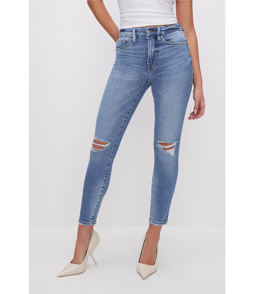 Укороченные джинсы скинни Good American Good Legs Denim с потертостями со средней посадкой, синий