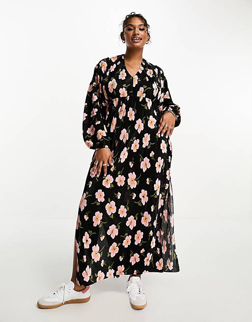 

Черное розовое платье миди с длинными рукавами и завязками на спине ASOS DESIGN Curve