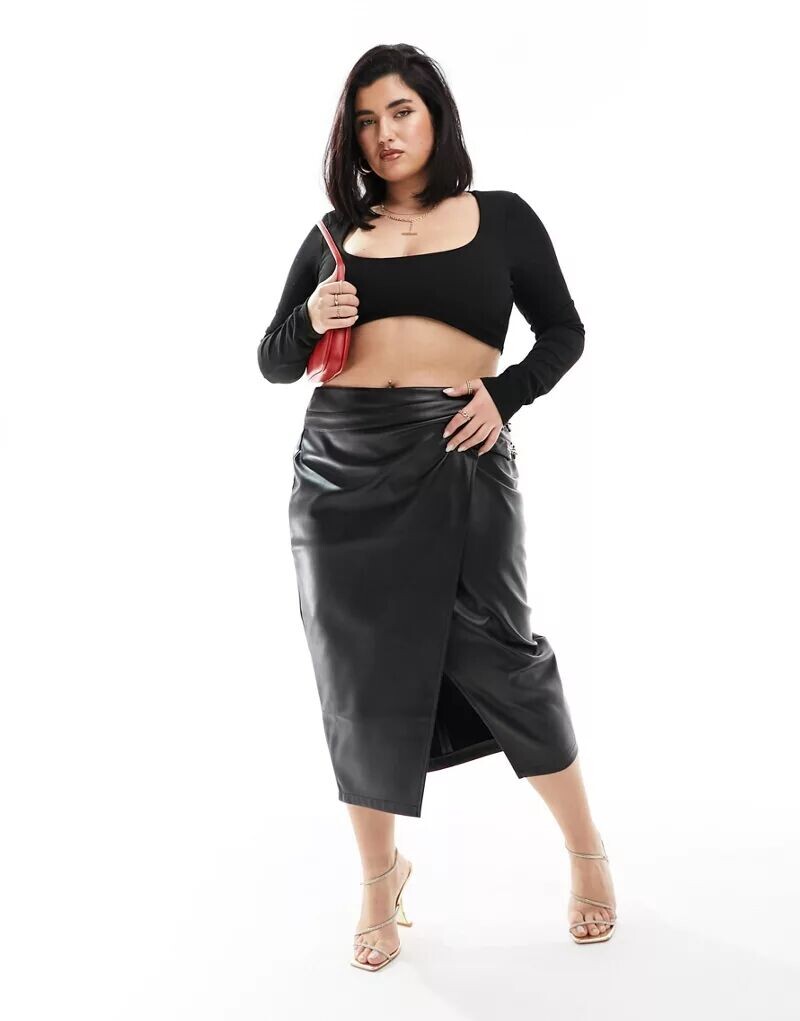 

Черная юбка с запахом из искусственной кожи River Island с золотой отделкой