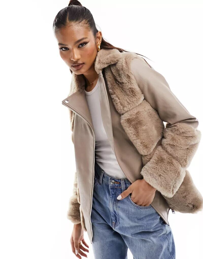 

Бежевая байкерская куртка River Island с отделкой из искусственного меха