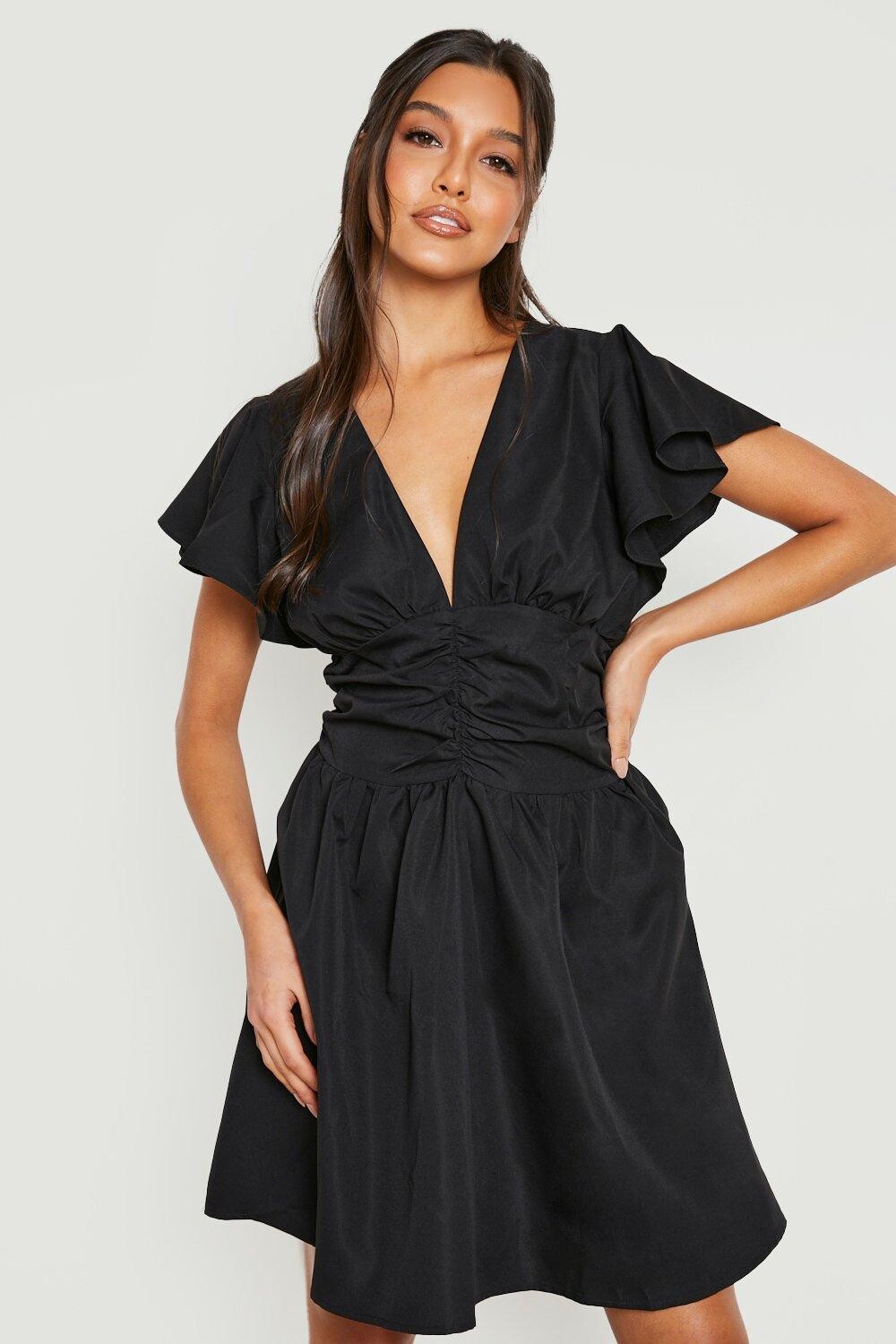 

Платье из хлопкового платья с рюками и рукавами Boohoo, черный
