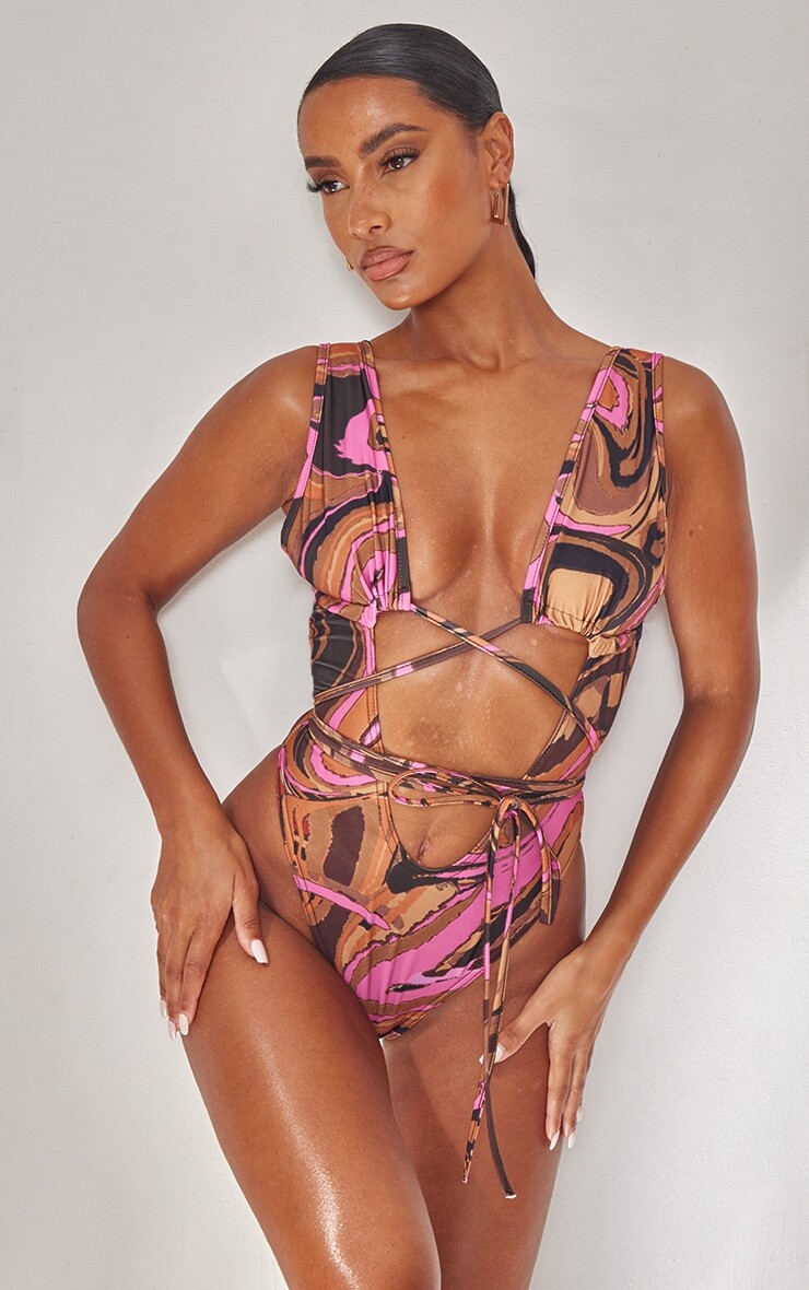 

PrettyLittleThing Розовый купальник с глубоким вырезом и запахом на талии