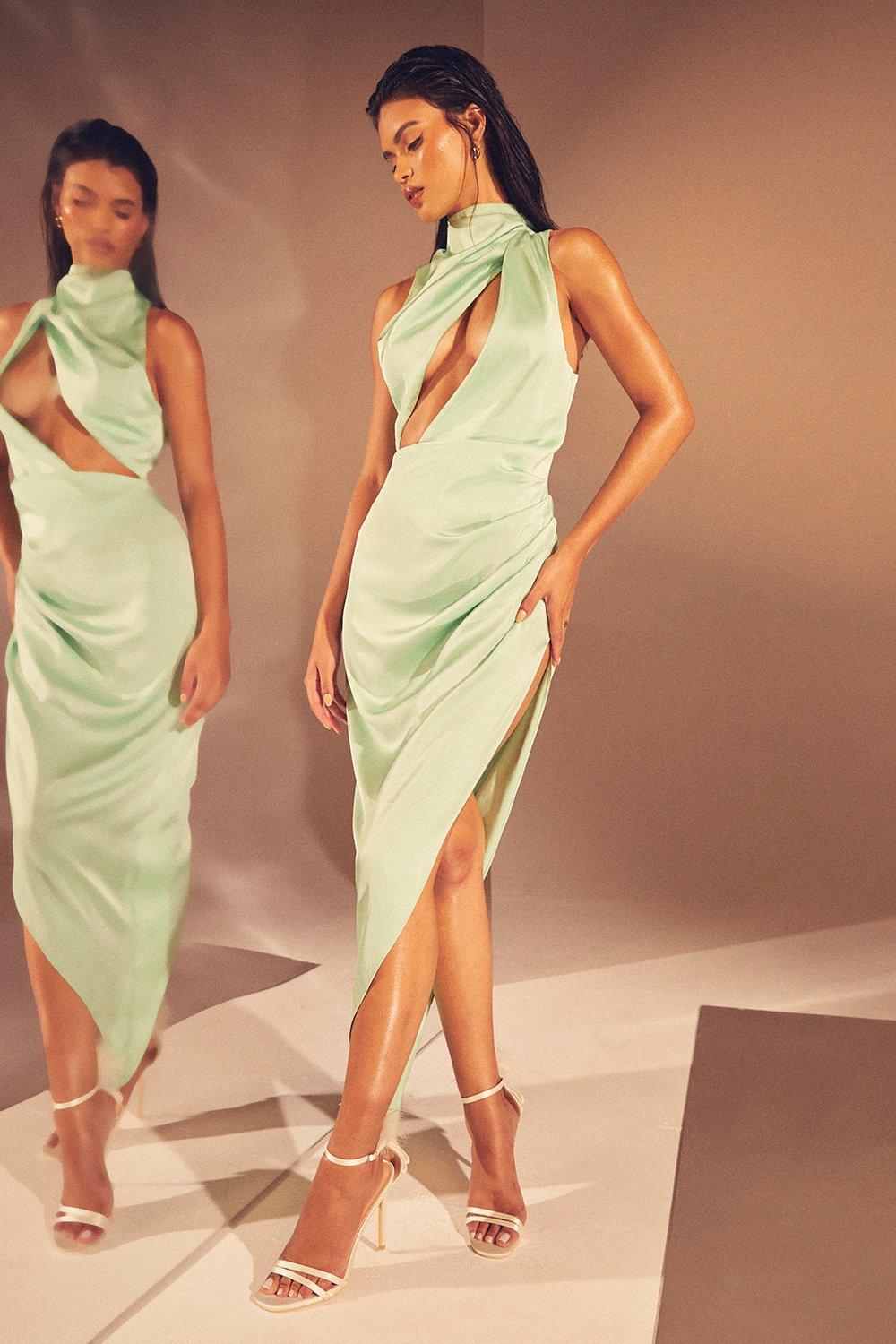 Атласное платье миди премиум-класса с драпировкой и выращенным воротником MISSPAP, зеленый атласное платье миди премиум класса с вырезом халтер и закрученной деталью misspap зеленый