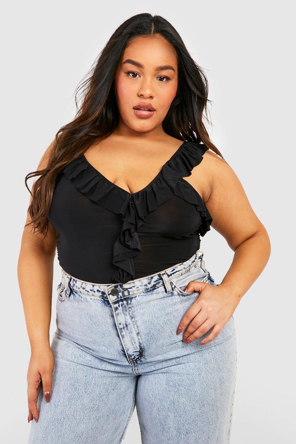 

Боди plus one плечо с рюшами Boohoo, черный