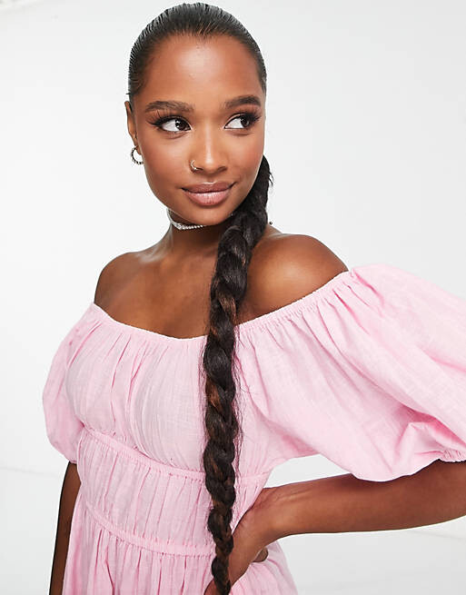 

Розовое пляжное платье Milkmaid с открытыми плечами ASOS DESIGN Petite