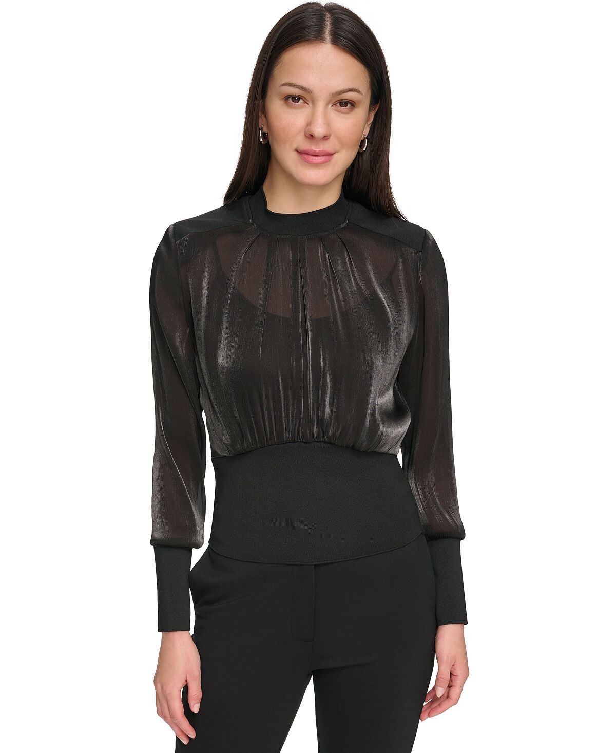 

Женский блестящий шифоновый топ с длинными рукавами DKNY, черный