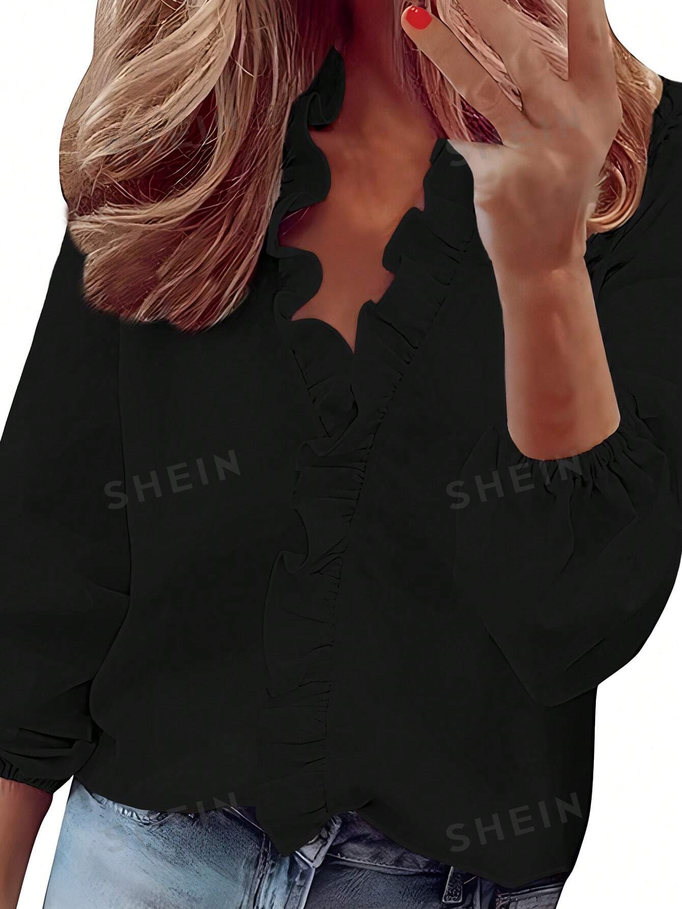 SHEIN Privé Однотонная блузка с рукавами-фонариками и рюшами, черный элегантная кружевная шифоновая блузка оверсайз с оборками и рукавами фонариками на шнуровке летние повседневные пуловеры милая женская о