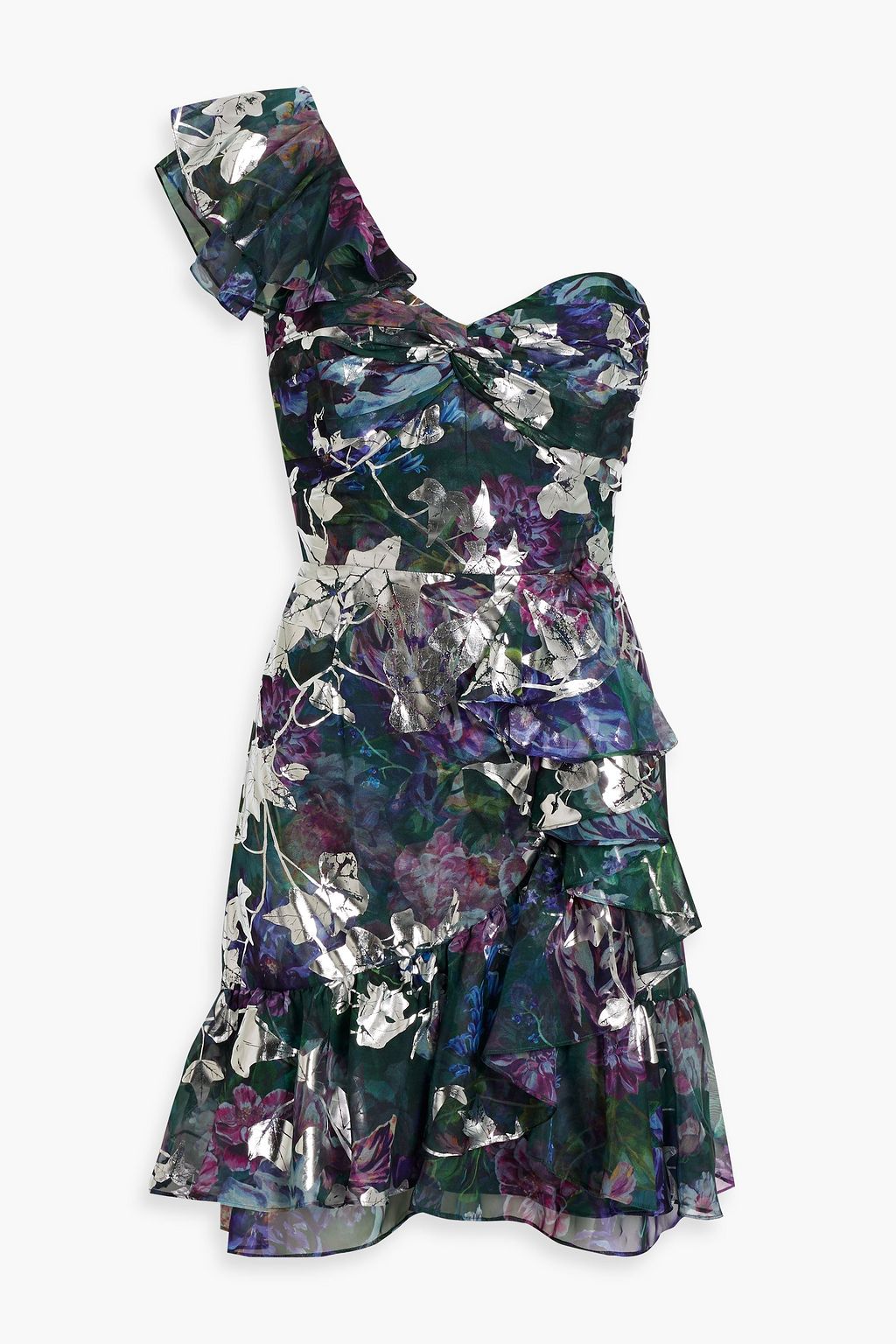 Шифоновое мини-платье на одно плечо с металлизированным цветочным принтом MARCHESA NOTTE, изумрудный