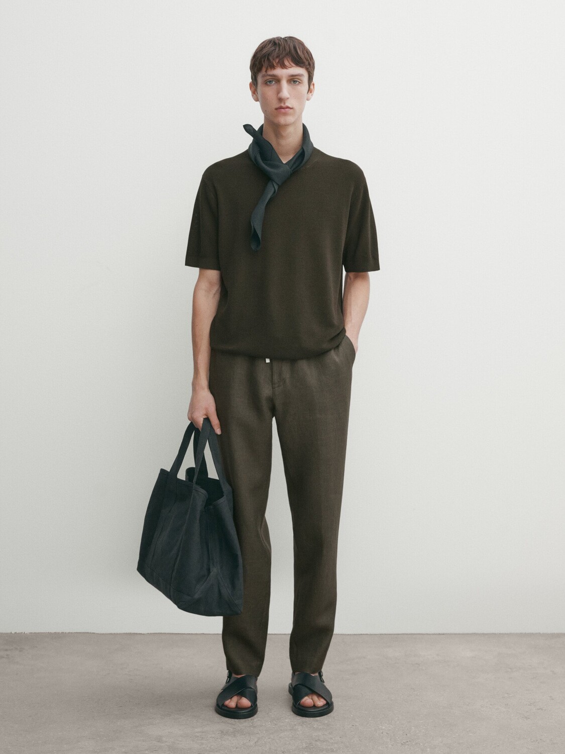 

Хлопковый трикотажный свитер с короткими рукавами Massimo Dutti, хаки