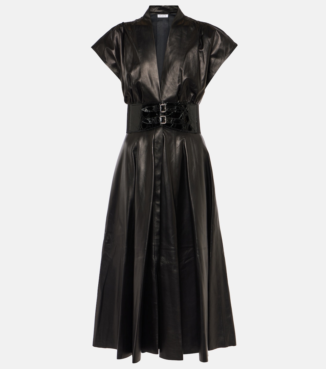 Кожаное платье миди с поясом Alaïa, черный