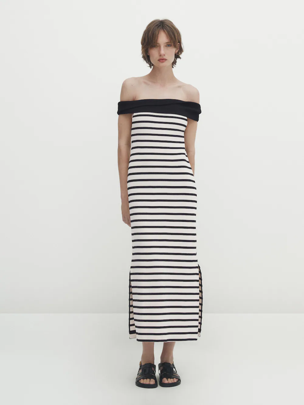 

Платье Massimo Dutti Striped Midi With Contrast Boat Neck, кремовый