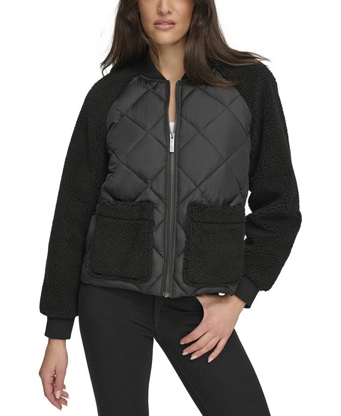 цена Женская комбинированная куртка-бомбер из шерпы и стеганого полотна Andrew Marc Sport, черный
