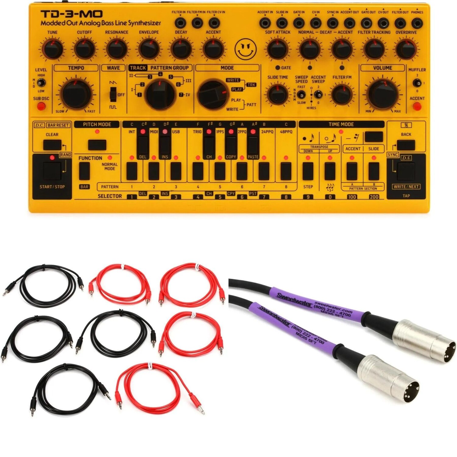 

Новый аналоговый синтезатор басовой линии Behringer TD-3-MO-AM с кабелями — желтый