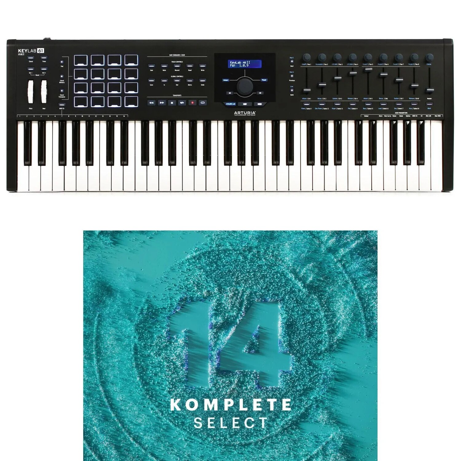 

Контроллер клавиатуры с 61 клавишей Arturia KeyLab 61 MkII и комплект подключаемых модулей Komplete 14 Select — черный