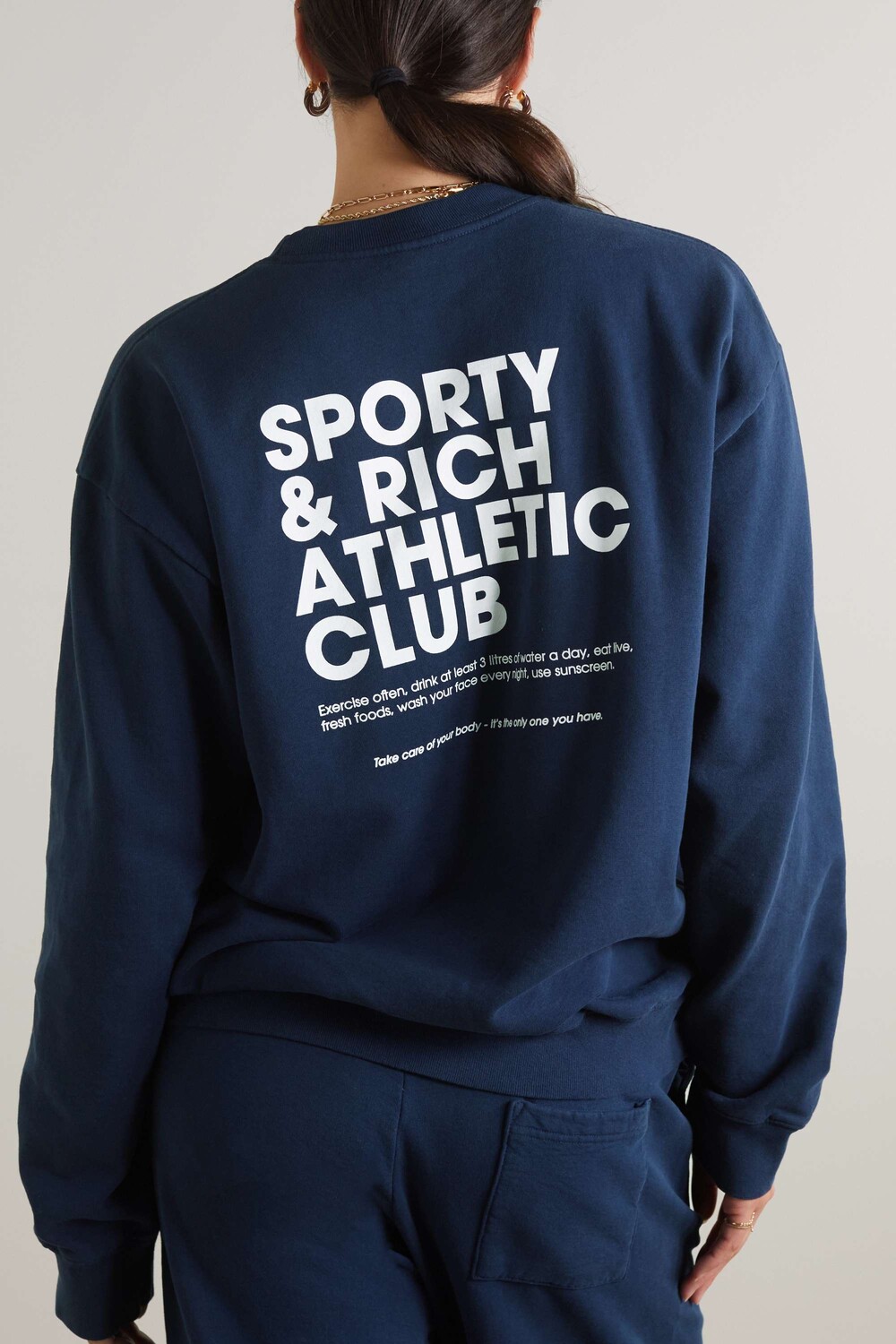 

SPORTY & RICH Спортивная толстовка из хлопкового джерси с принтом «Часто», военно-морской