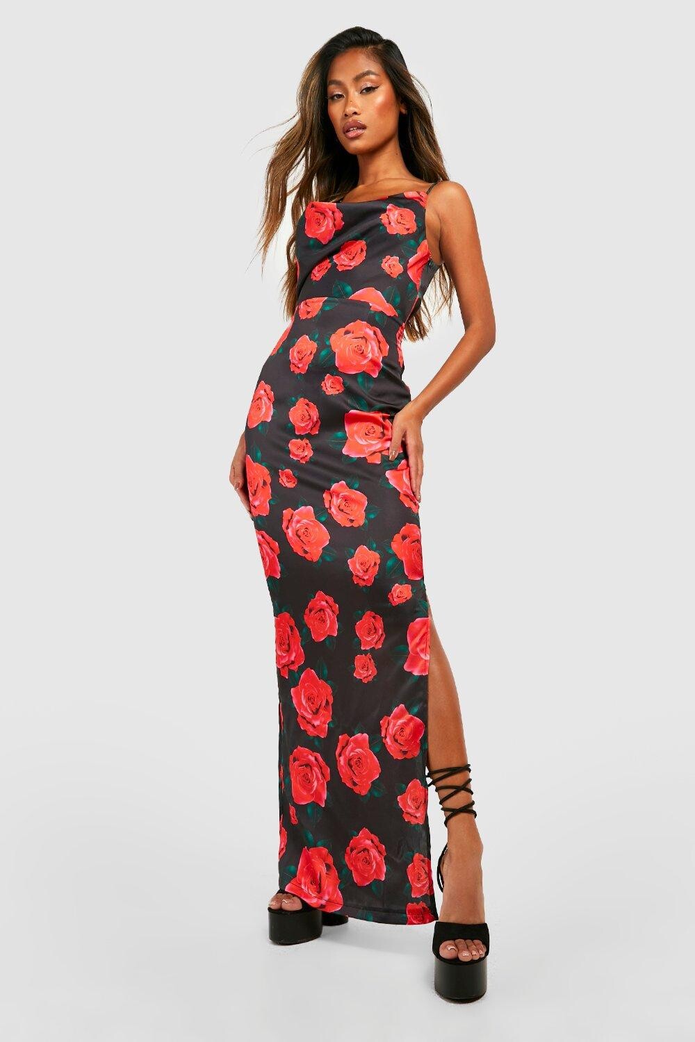 

Платье-комбинация с цветочным асимметриком Boohoo, черный