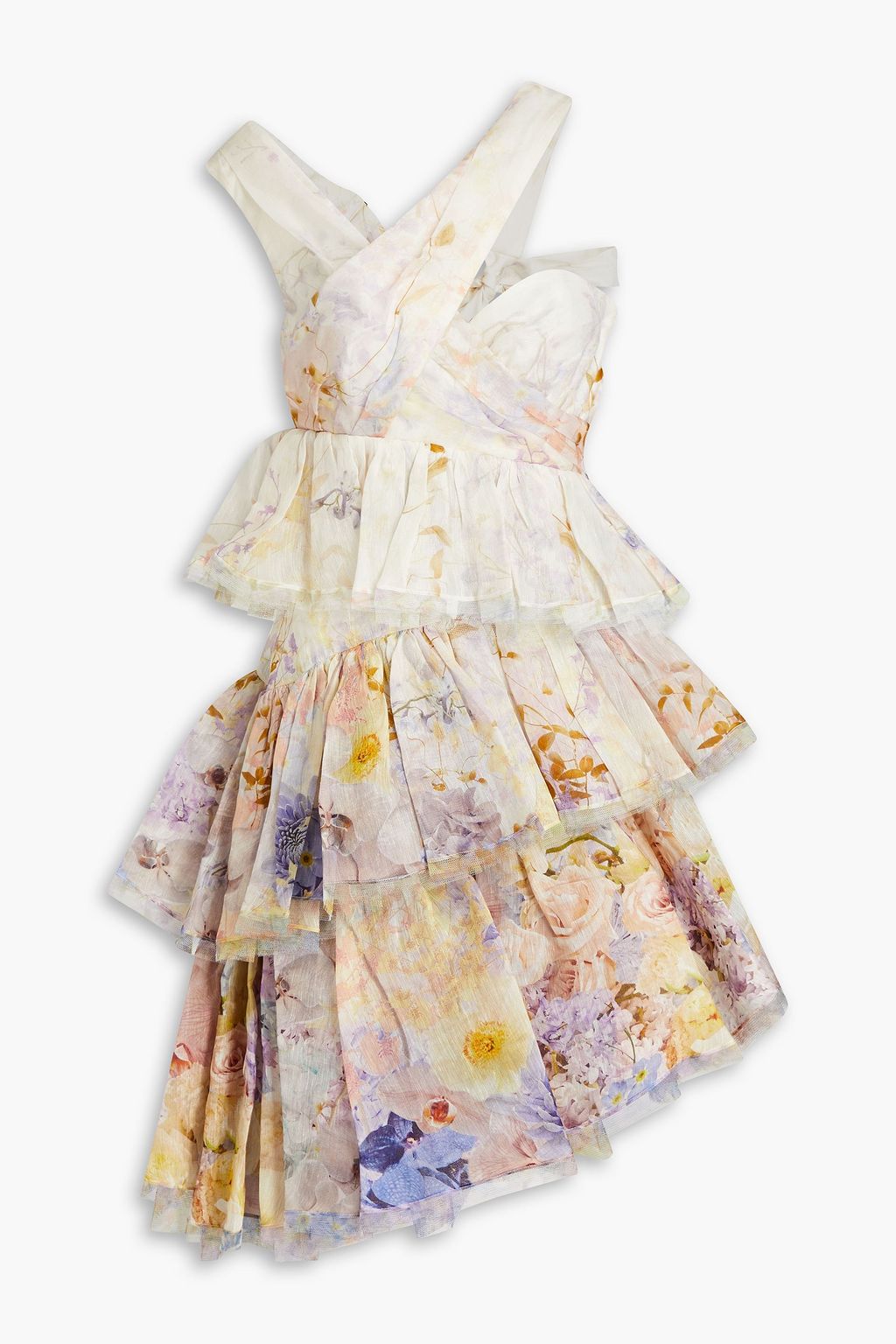 цена Многоярусное мини-платье из шелка и льна с цветочным принтом ZIMMERMANN, сиреневый