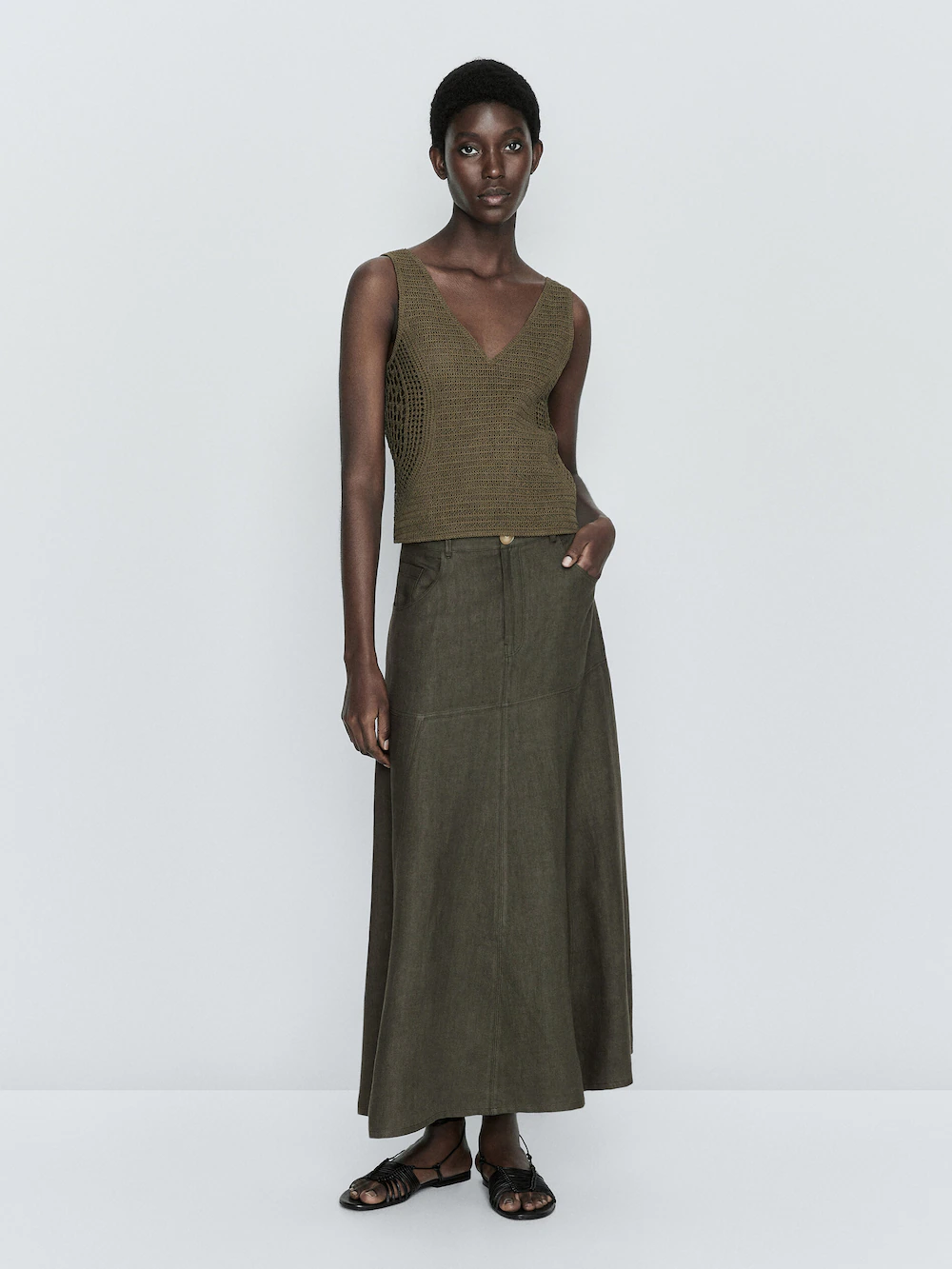 

Юбка из смешанных льна и хлопка с волонями Massimo Dutti, хаки