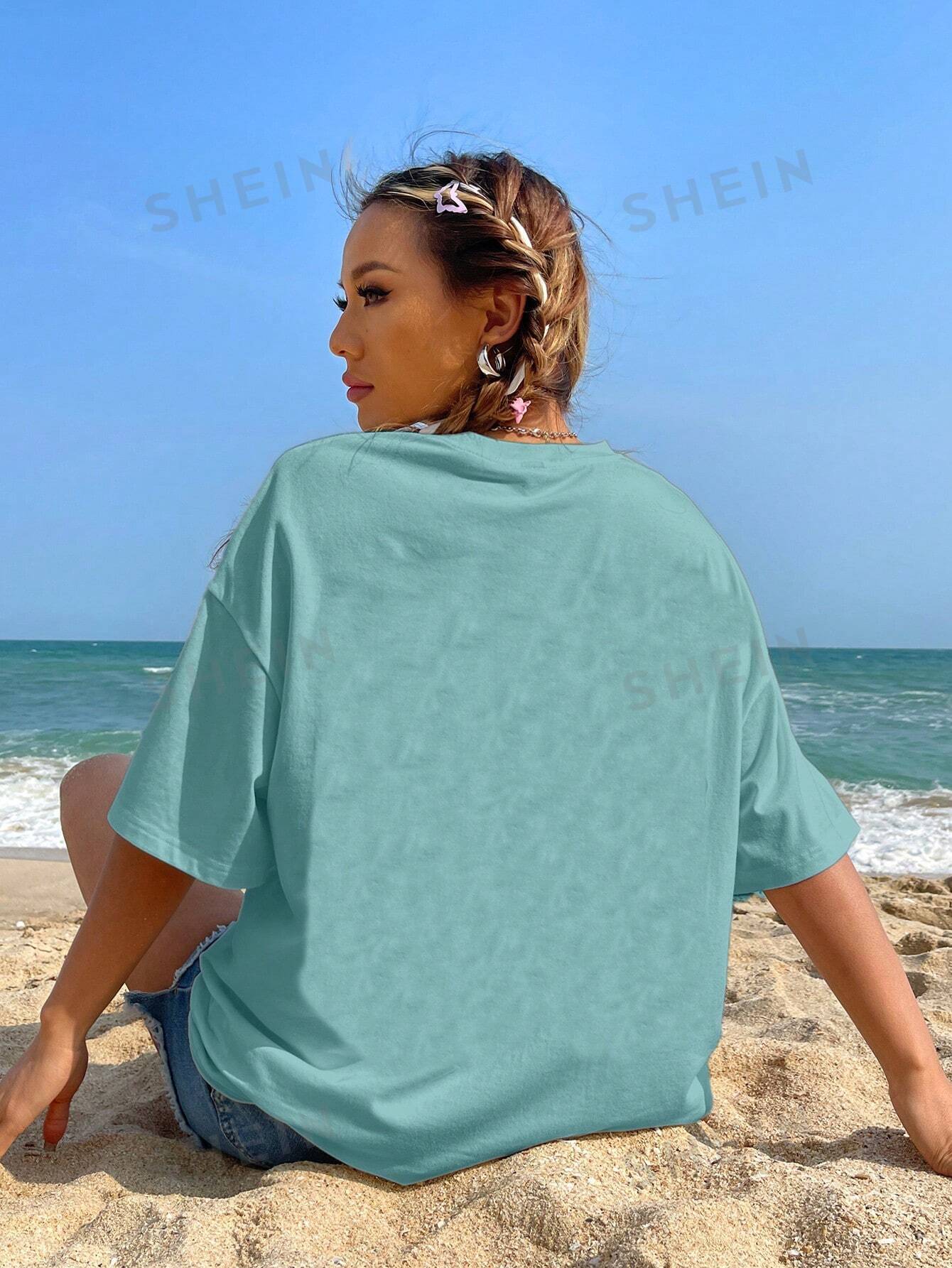 SHEIN EZwear Повседневная женская футболка большого размера с круглым вырезом и короткими рукавами с рисунком животных, мятно-зеленый модная женская футболка с рисунком женская футболка с круглым вырезом летний женский топ футболка женская повседневная футболка