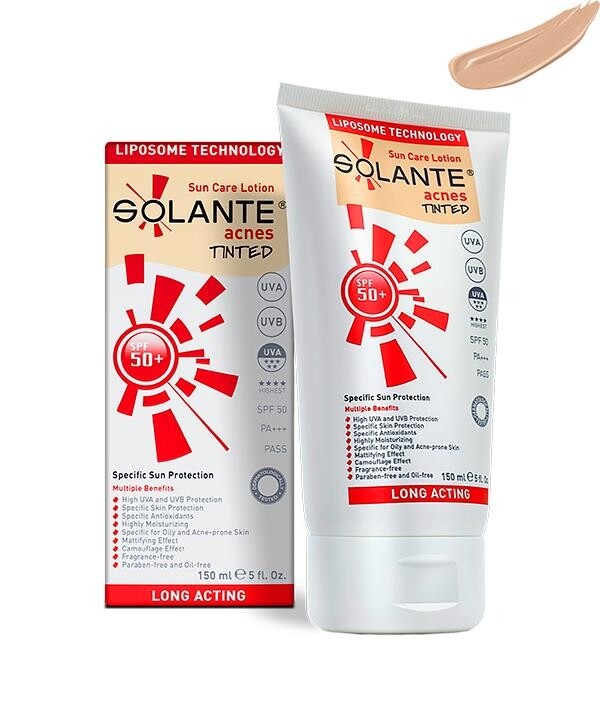 

Solante Acnes Tinted SPF 50+ 150 мл Тональный солнцезащитный лосьон против прыщей