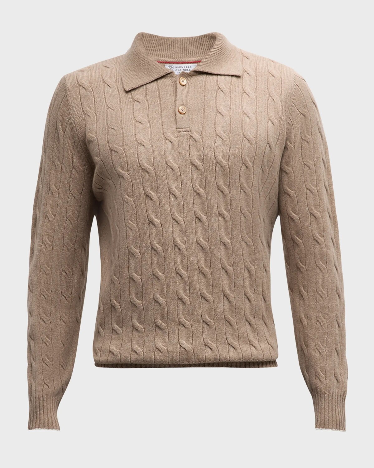 

Мужской свитер-поло кашемировой вязки косой вязки Brunello Cucinelli, цвет Medium Brown
