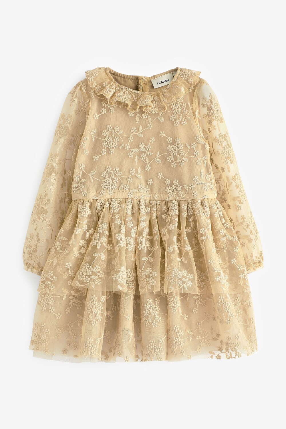 

Платье песочное натуральное для девочки с тюлем Повод на шею Lil Atelier