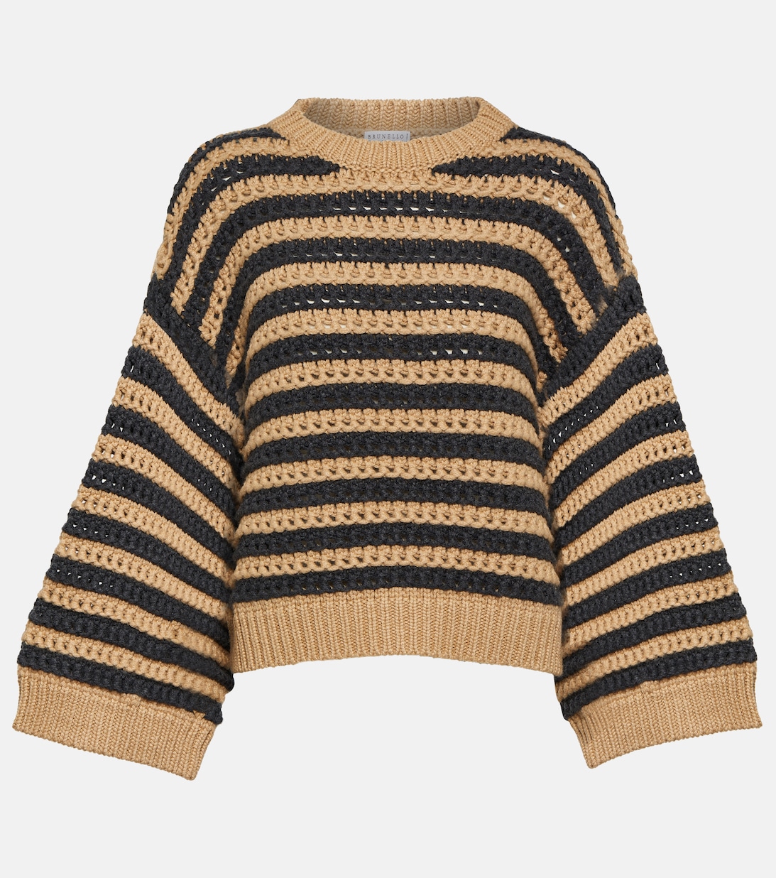 цена Полосатый свитер из шерсти, кашемира и шелка BRUNELLO CUCINELLI, коричневый