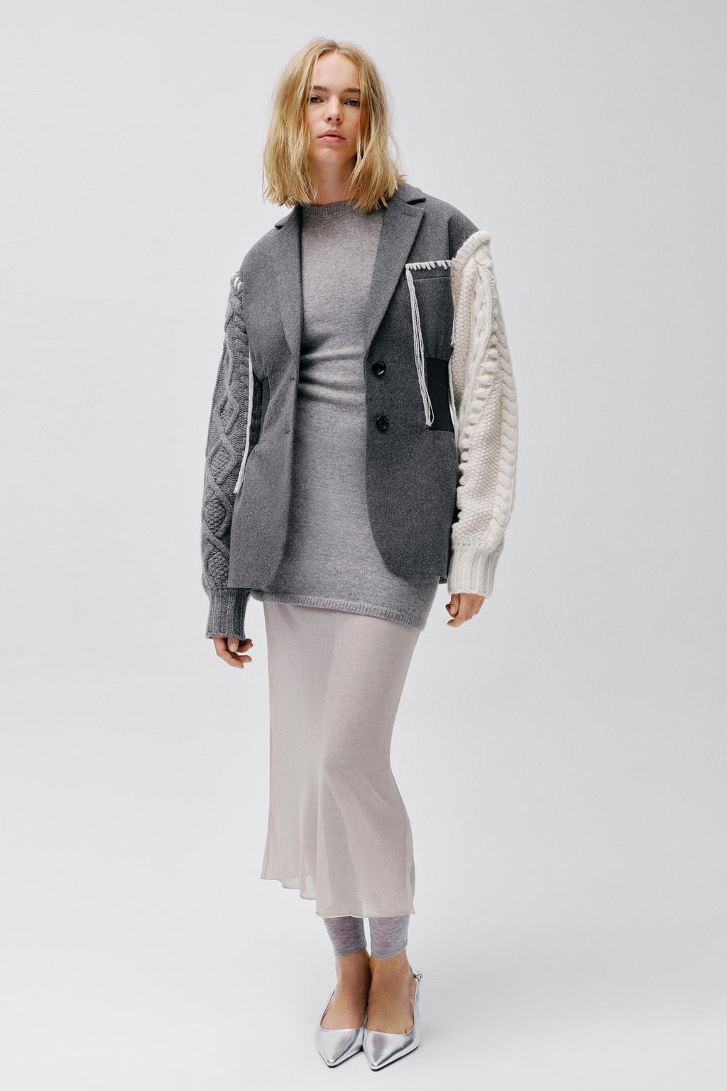 Пиджак с крупными трикотажными рукавами ZARA, серый пиджак zara серый
