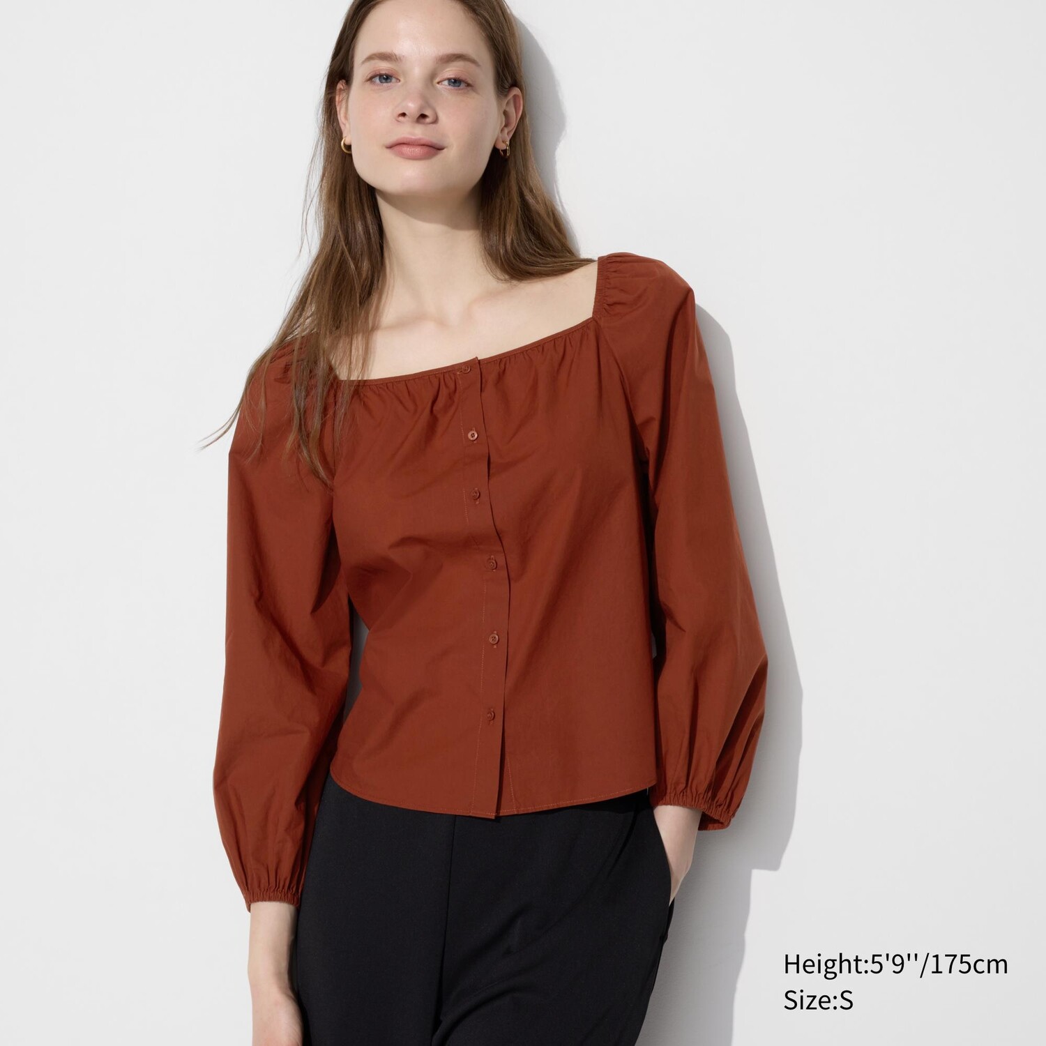 

Хлопковая блузка с квадратным воротником UNIQLO, коричневый
