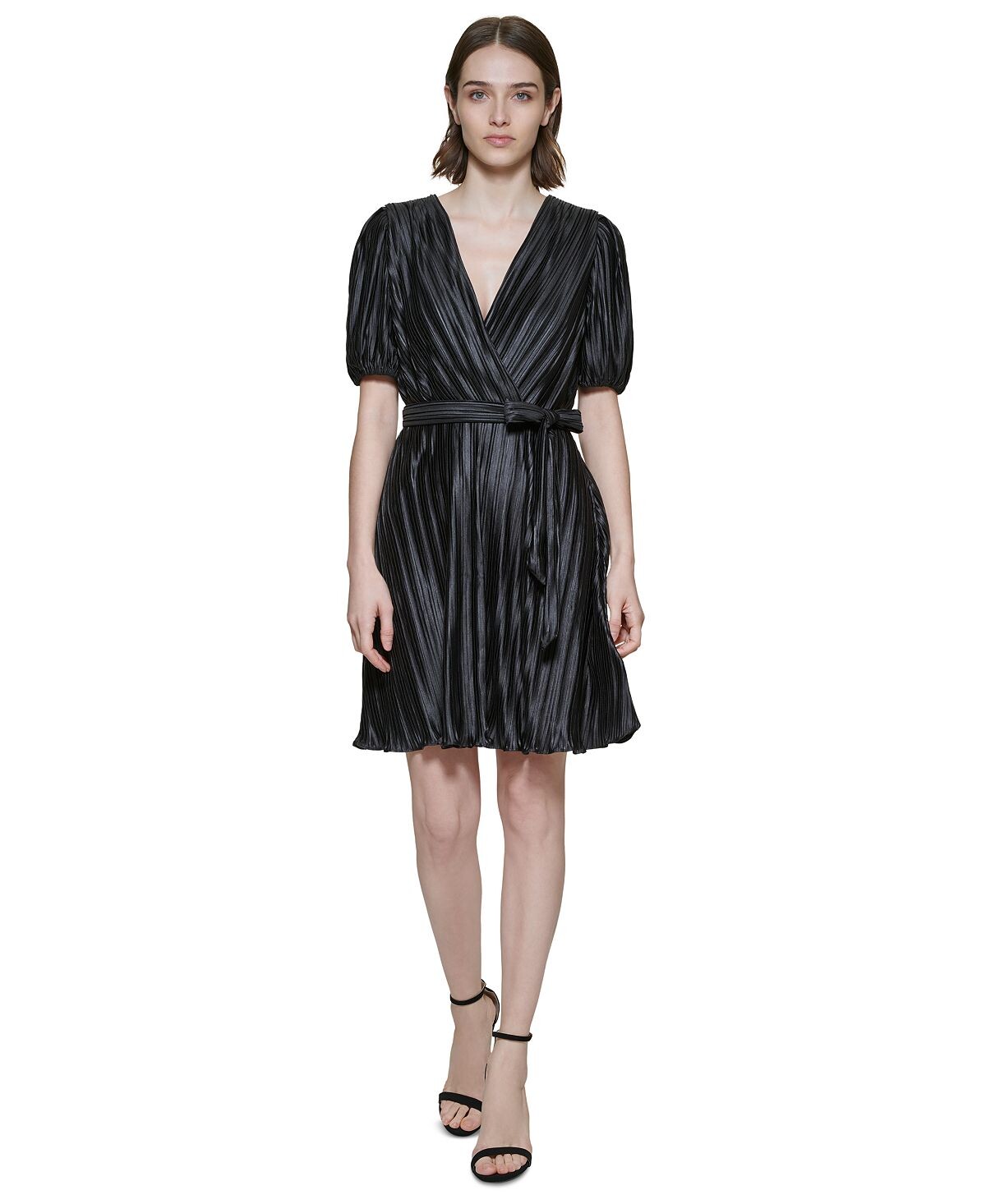 

Плиссированное платье из искусственной кожи Petite с короткими рукавами DKNY, черный