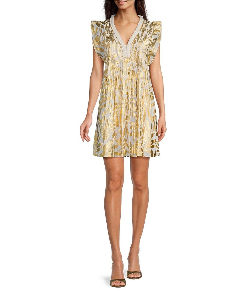 Джуд Конналли Ларисса Платье прямого кроя из хлопковой вуали с V-образным вырезом и короткими рукавами Jude Connally, золотой