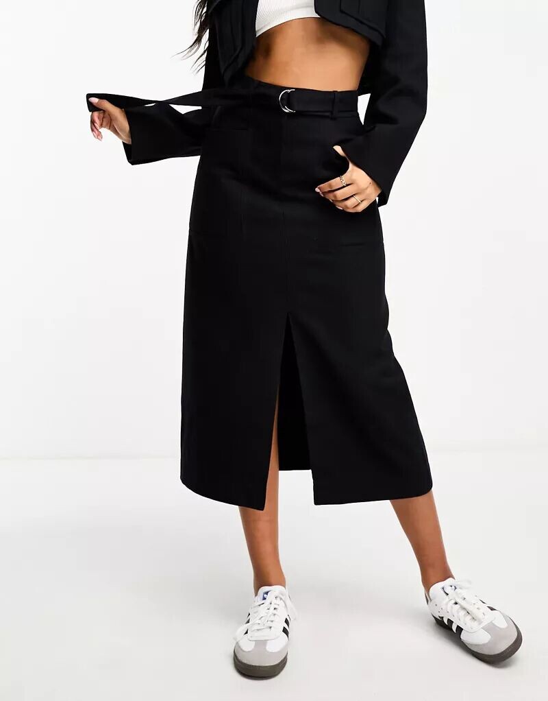 

Темно-синяя шерстяная юбка миди в практичном стиле ASOS