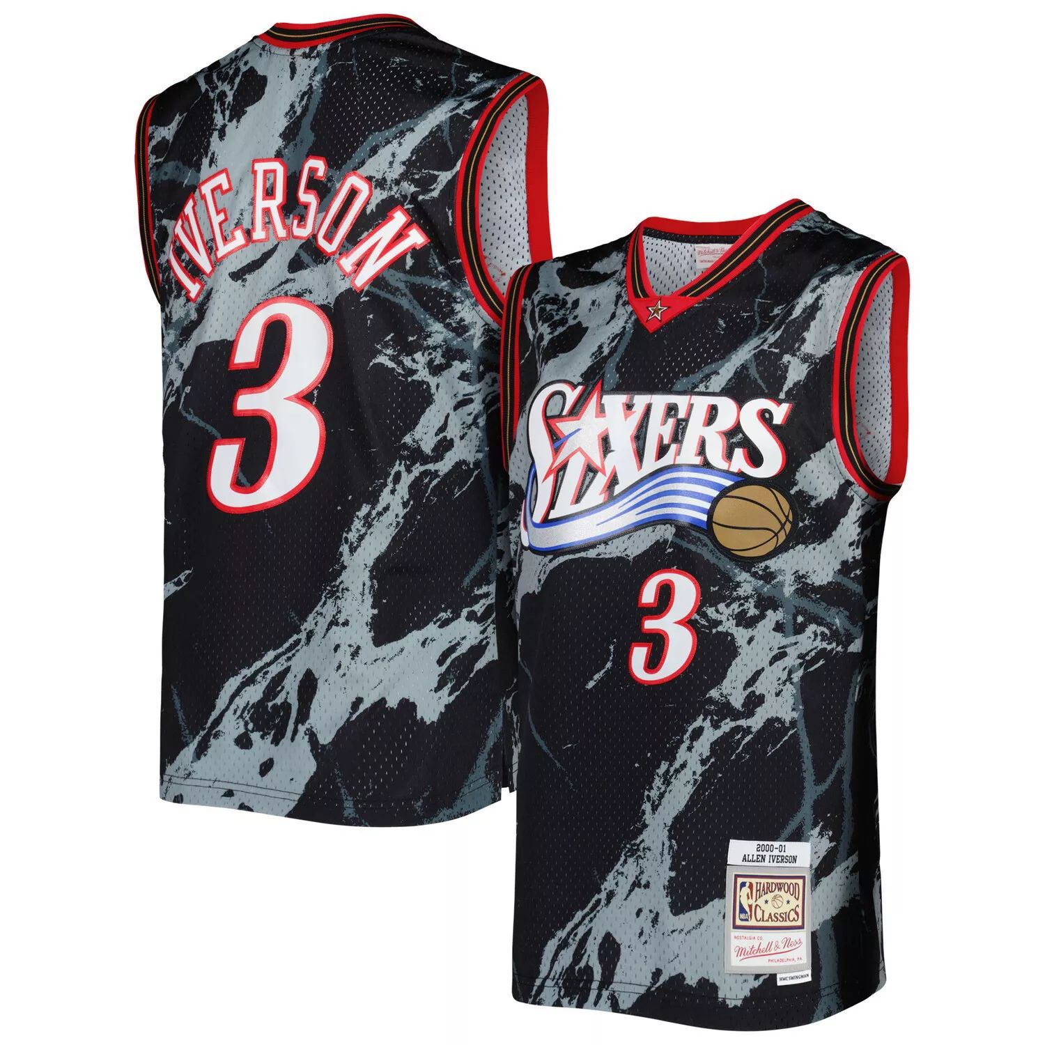 

Мужская черная майка Mitchell & Ness Allen Iverson Philadelphia 76ers 2000-01 Hardwood Classics Marble Swingman, Черный