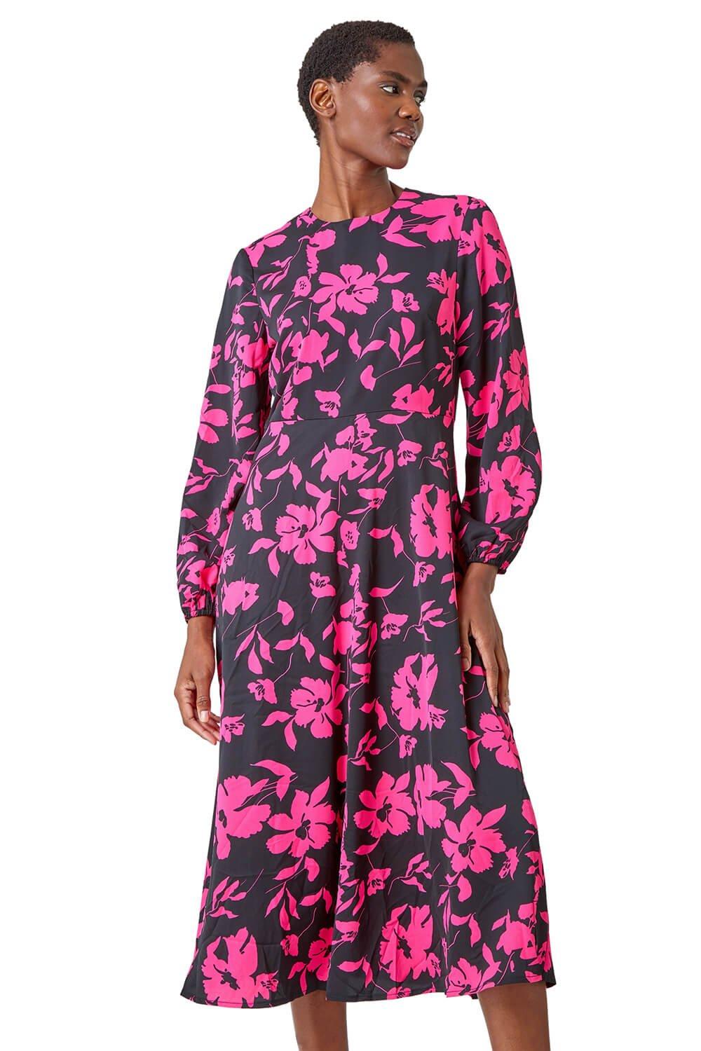 Платье миди с цветочным контрастным принтом Roman, розовый фото