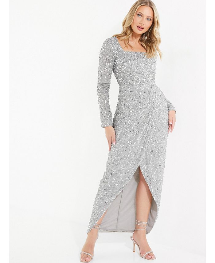 цена Женское вечернее платье с длинными рукавами и пайетками QUIZ, серый
