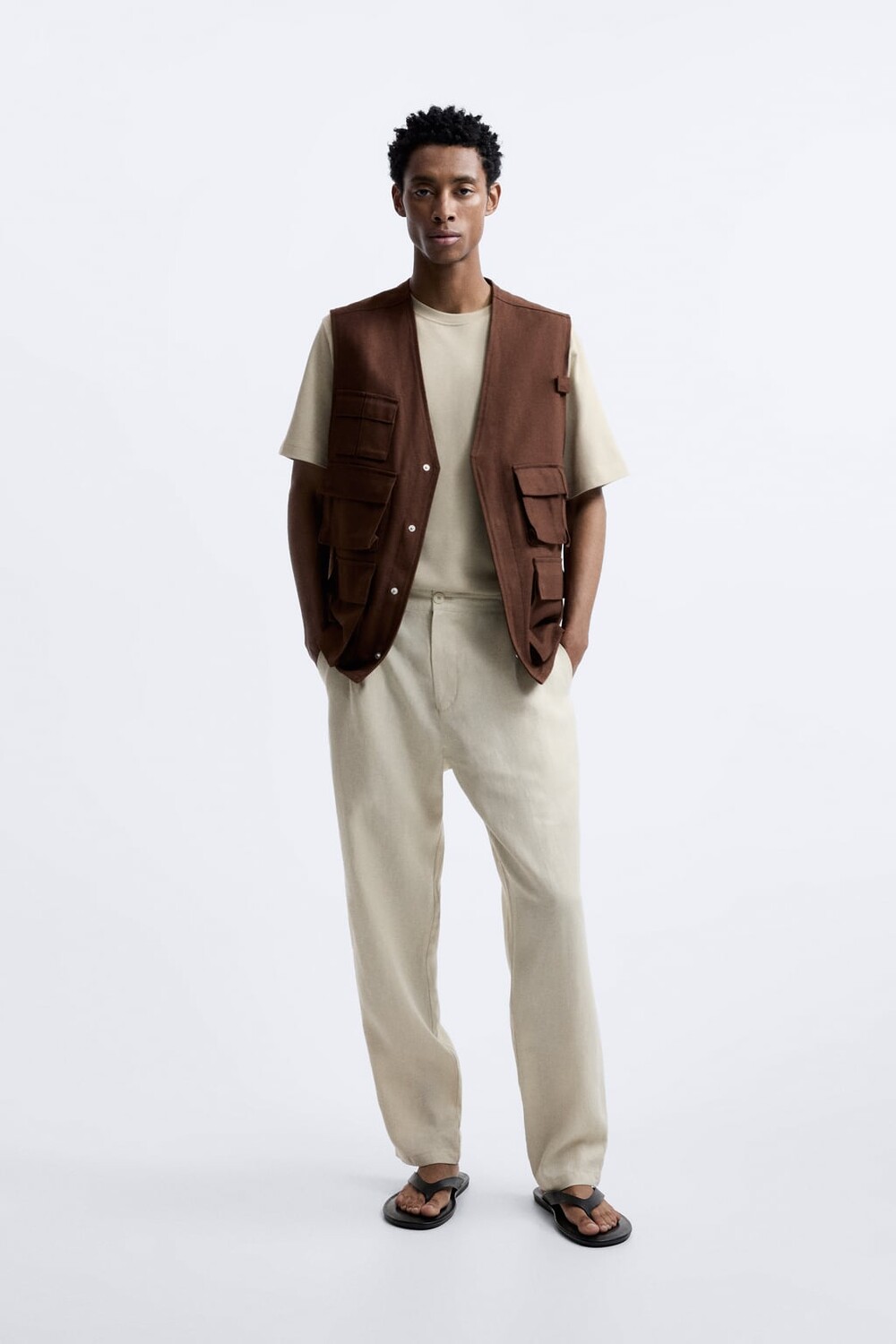 

Брюки из 100% льна со складками ZARA, песочный, Бежевый