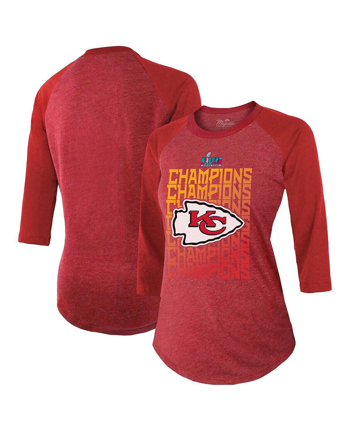 

Женская красная футболка Kansas City Chiefs Super Bowl LVII Champions Voyage Tri-Blend с рукавами 3/4 Majestic, красный