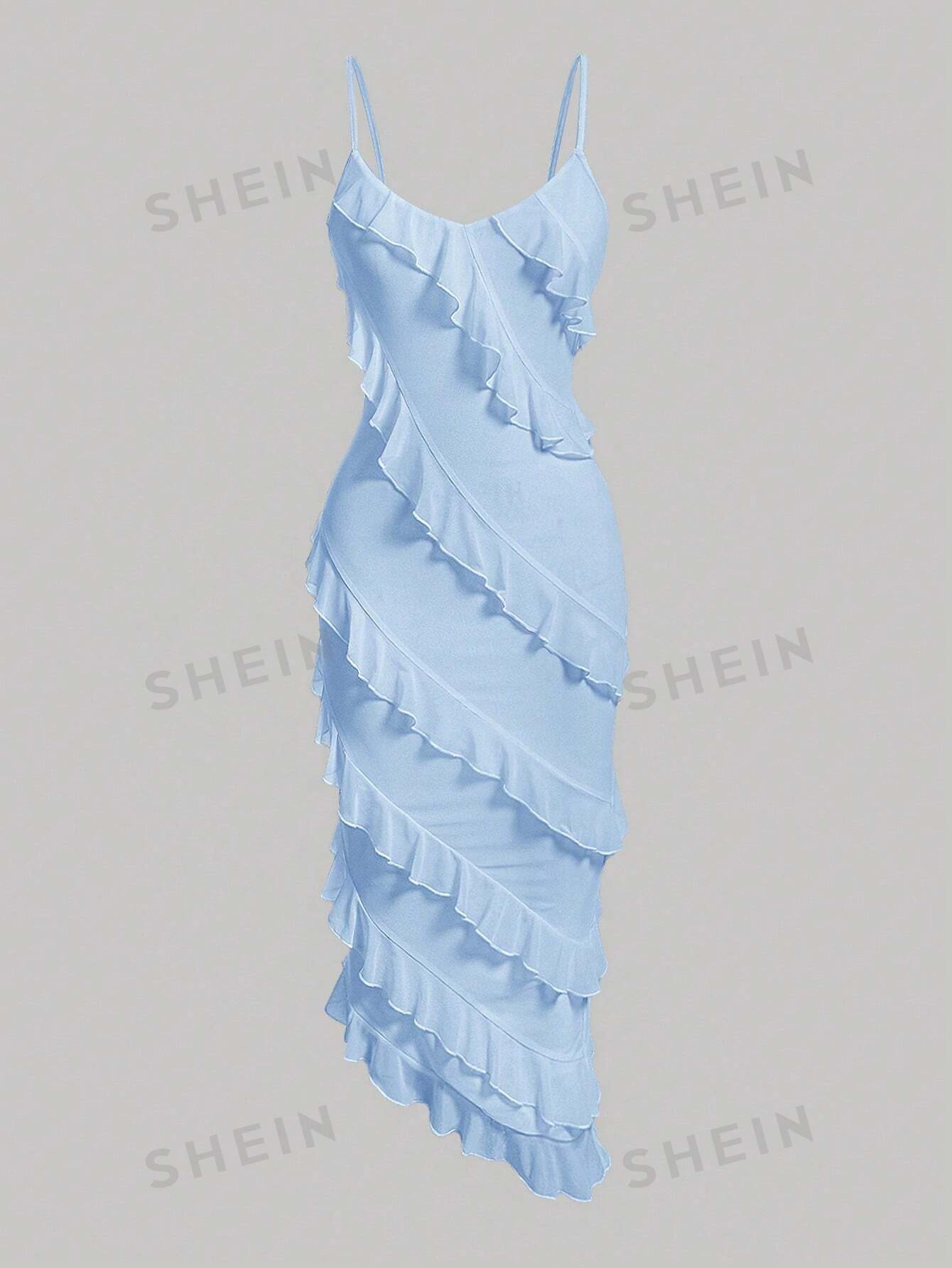 shein mod однотонное платье с гофрированной спиной и расклешенным подолом синий SHEIN MOD Женское однотонное асимметричное платье с оборками на тонких бретельках, синий
