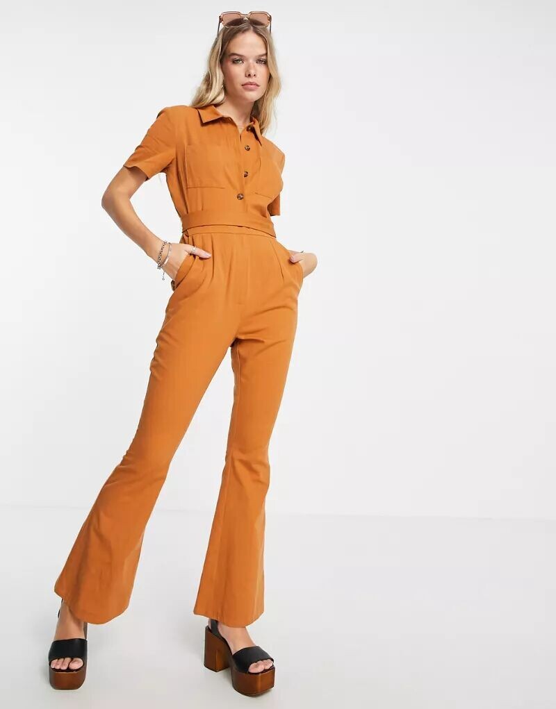 

Коричневый расклешенный комбинезон из твила в стиле 70-х ASOS