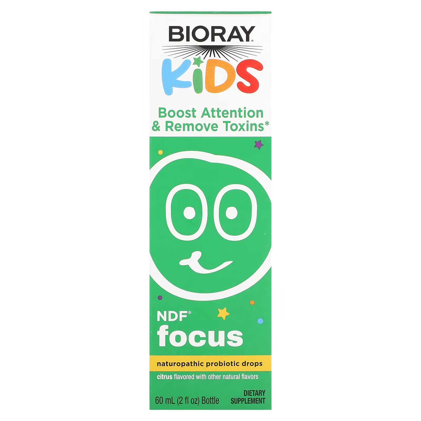 Капли пробиотические Bioray Kids NDF Focus с цитрусом, 60 мл добавка для повышения внимания и выведение токсинов для детей bioray ndf focus цитрусовый вкус 60 мл