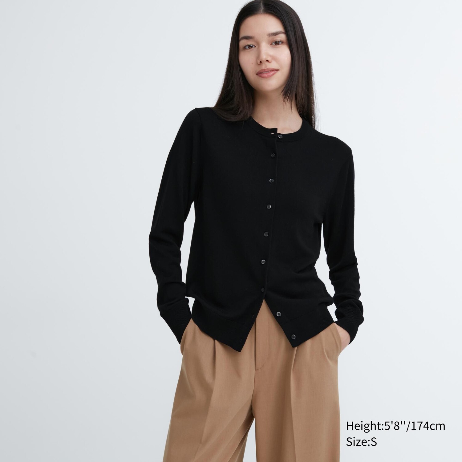 

Кардиган Uniqlo женский из шерсти мериноса с круглым вырезом, черный