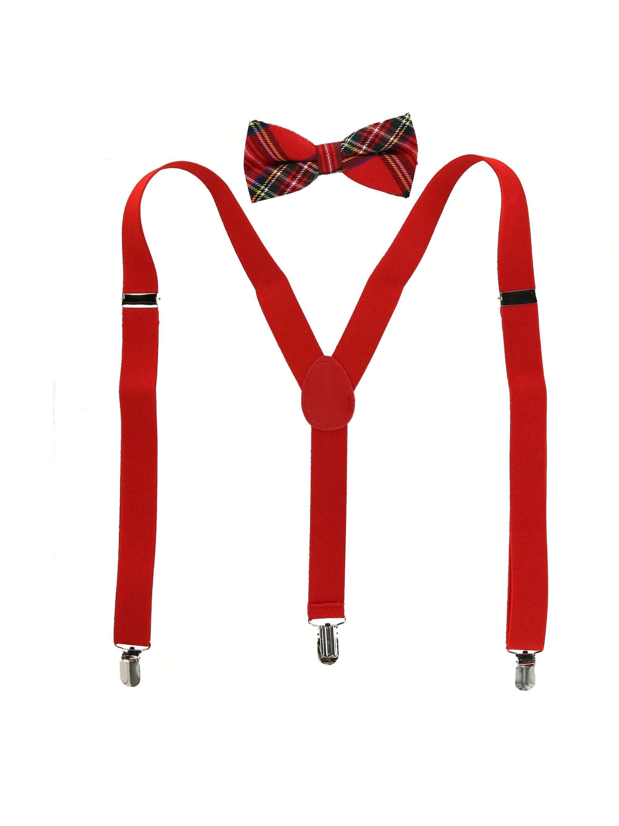 Мужской галстук-бабочка с клетчатым принтом и комплект однотонных подтяжек, красный