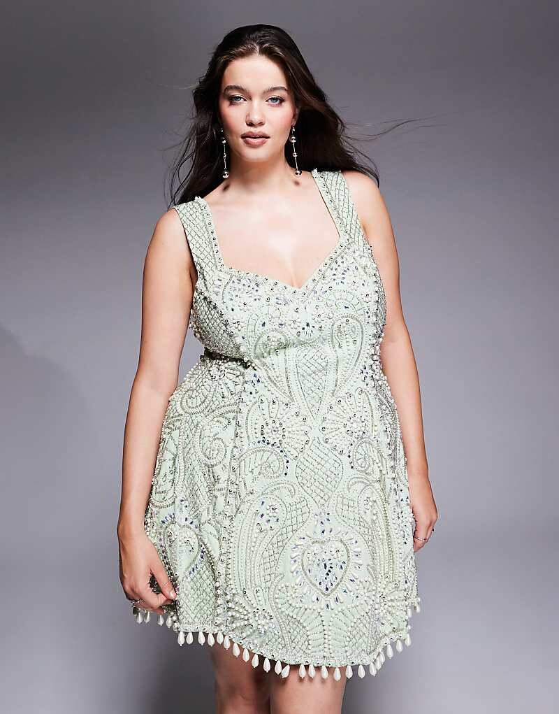 

ASOS Luxe Curve Серо-зеленое хлопковое мини-платье с вырезом в форме сердца