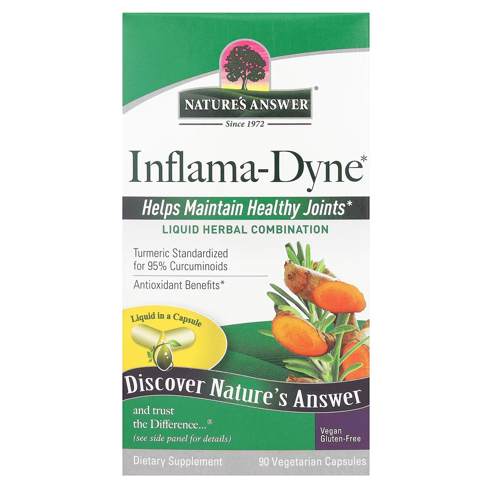 Пищевая добавка Nature's Answer Inflama-Dyne, 90 капсул витамины антиоксиданты минералы awochactive куркумин