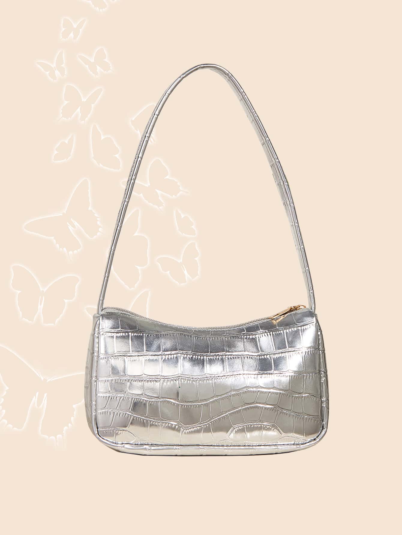 Миниатюрная сумка Baguette с металлическим тиснением под кожу крокодила, серебро
