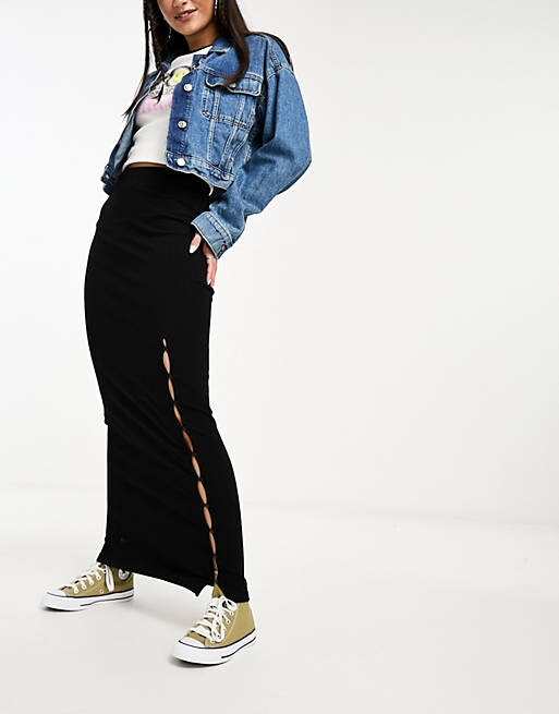 

Черная юбка миди в рубчик с разрезом на пуговицах ASOS DESIGN