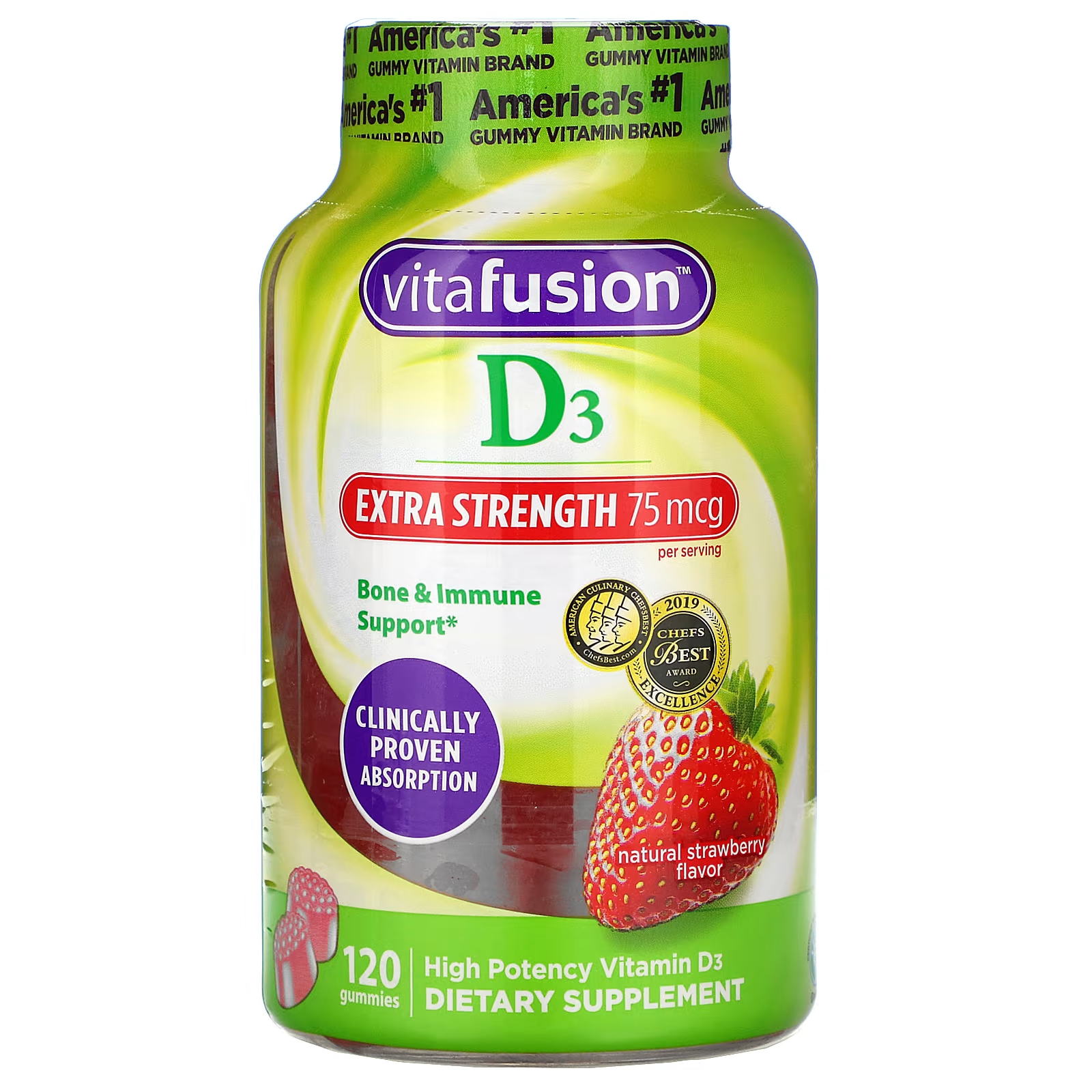 VitaFusion Extra Strength D3 Поддержка костей и иммунитета Натуральный клубничный вкус 3000 МЕ 120 жевательных таблеток (1500 МЕ на жевательную резинку)